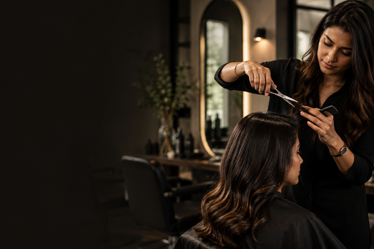 Stylist cutting a client's hair at Satyam Salon & Academy, Saijpur, Ahmedabad